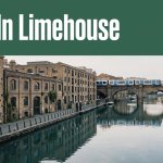 Limehouse Basin with brick warehouses, a riverside path, and a DLR train in the background.