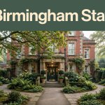 An elegant hotel entrance framed by greenery, with a Birmingham Stay headline above.
