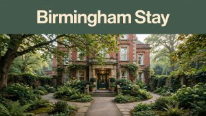 An elegant hotel entrance framed by greenery, with a Birmingham Stay headline above.