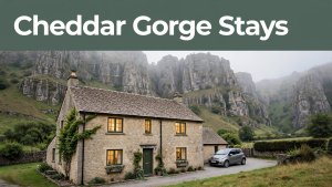 A stone guesthouse with warm windows and Cheddar Gorge cliffs behind it.
