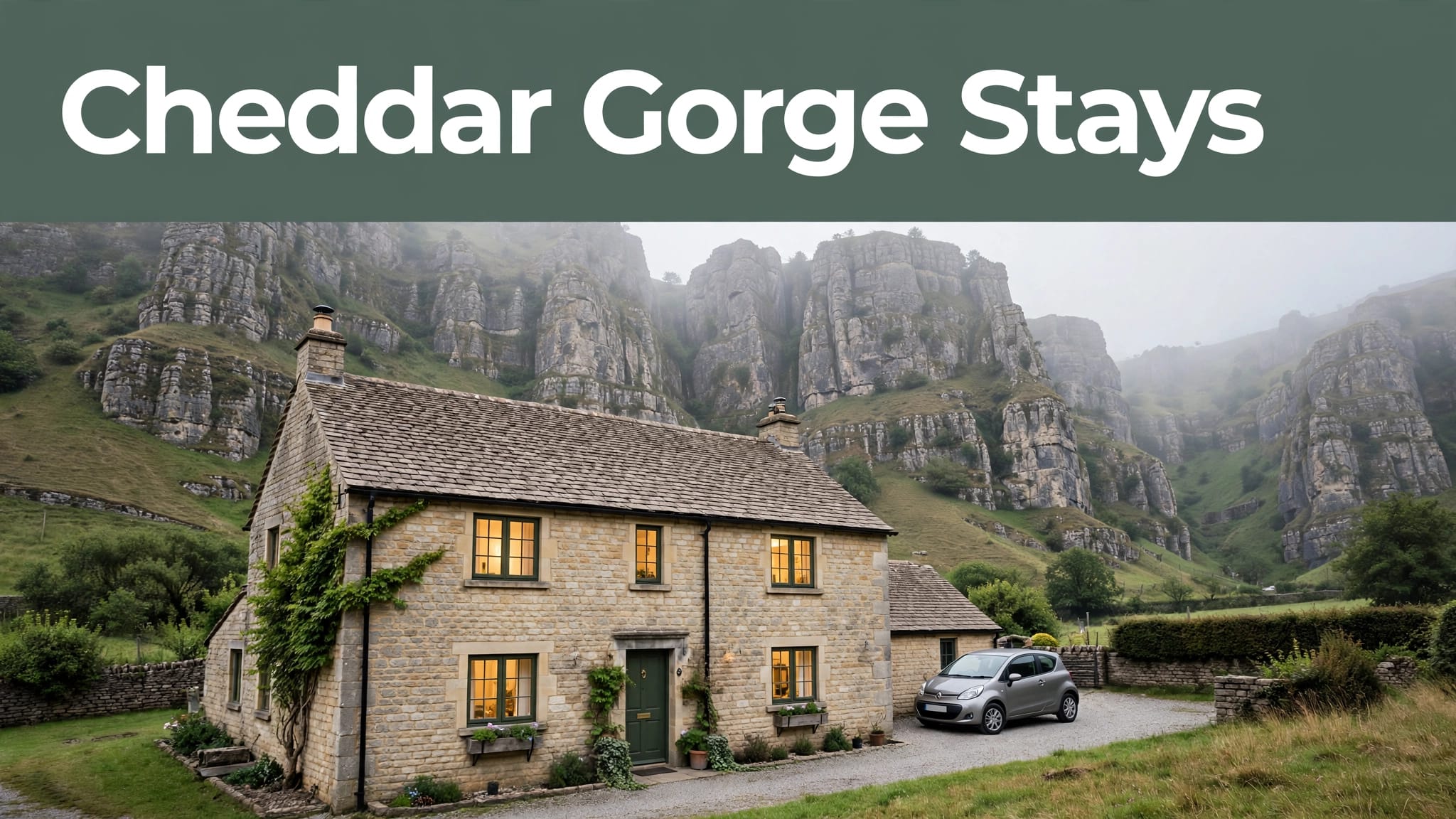 A stone guesthouse with warm windows and Cheddar Gorge cliffs behind it.