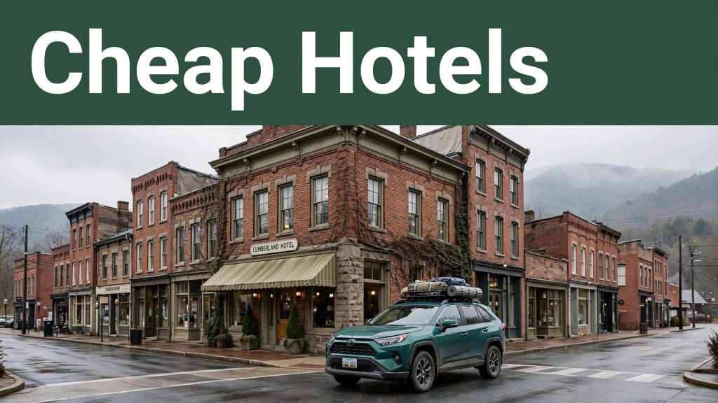 Budget hotel exterior in downtown Cumberland with a parked car, brick buildings, and mountains in the background.