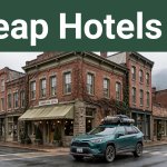 Budget hotel exterior in downtown Cumberland with a parked car, brick buildings, and mountains in the background.