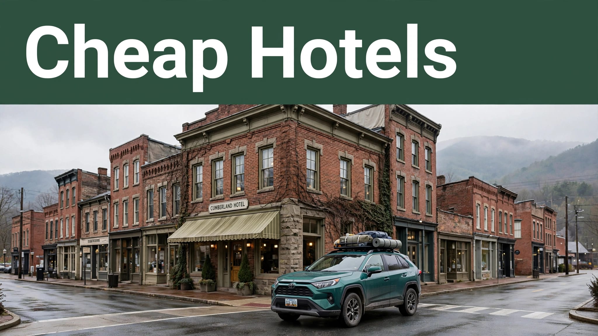 Budget hotel exterior in downtown Cumberland with a parked car, brick buildings, and mountains in the background.