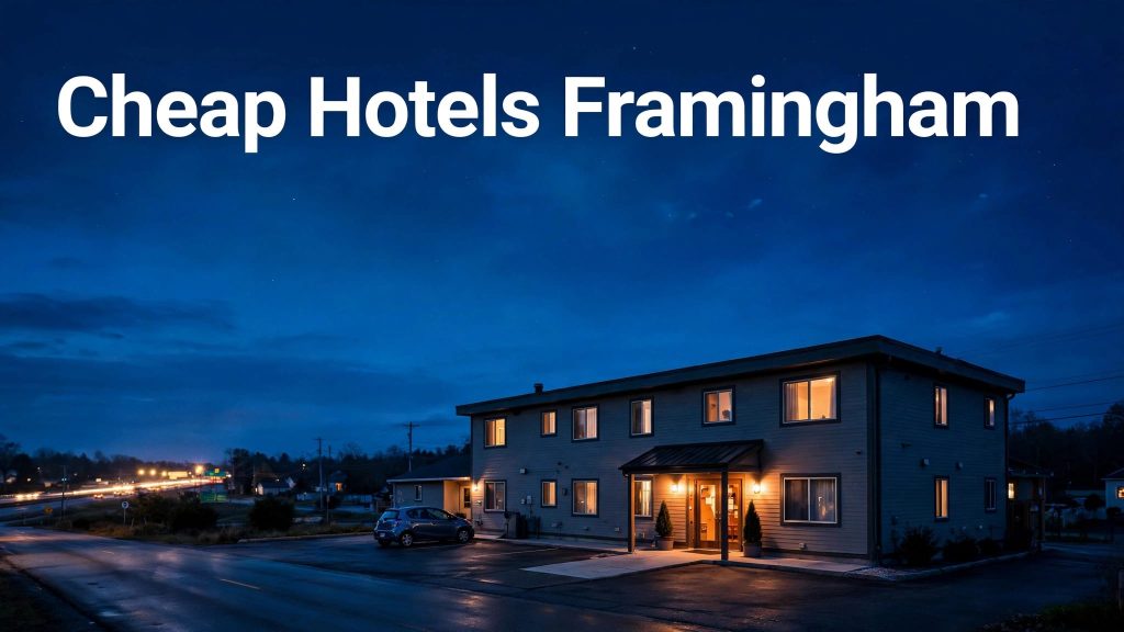 A modest Framingham hotel glows at blue hour beside a parked car and distant highway lights.