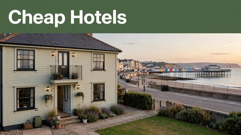 A modest guesthouse near Hastings pier with luggage by the entrance at sunset.