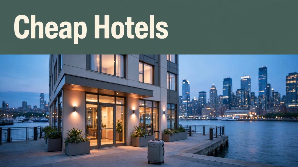 A warmly lit Hoboken hotel entrance with a suitcase and Manhattan skyline in the background.