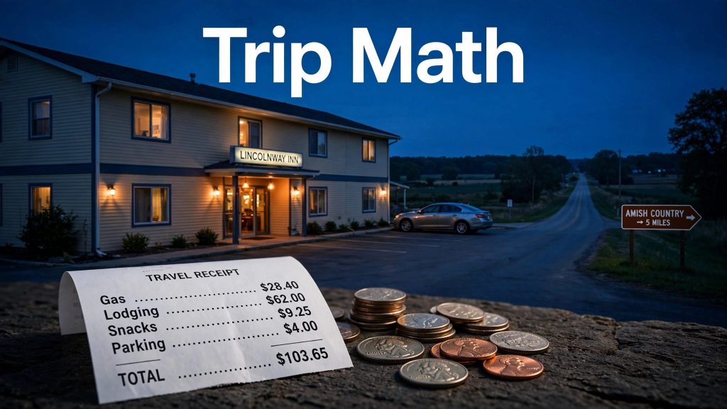 A lit roadside hotel with a parked car and travel receipt at dusk.