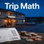 A lit roadside hotel with a parked car and travel receipt at dusk.