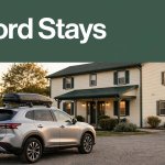 A roadside hotel with a parked car and a green Milford Stays banner.