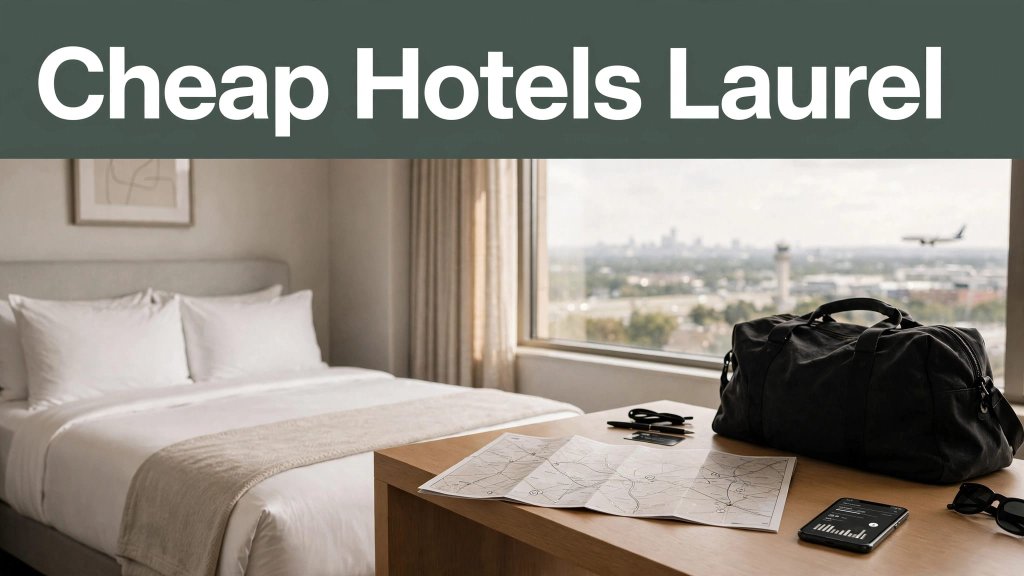 A tidy Laurel hotel room with a bed, desk, travel bag, and phone showing booking costs.