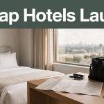 A tidy Laurel hotel room with a bed, desk, travel bag, and phone showing booking costs.