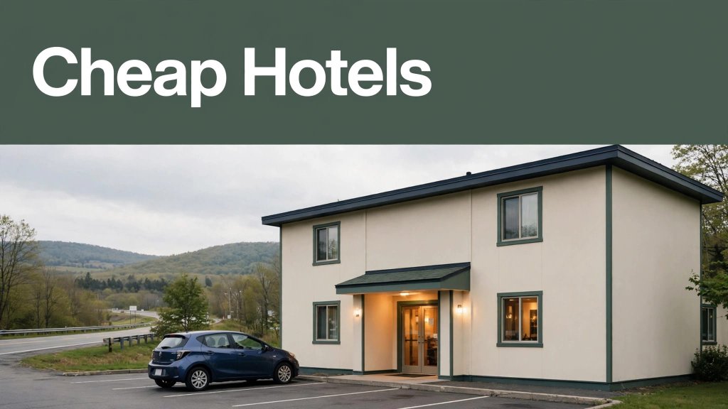 A budget hotel entrance near Lawrence with a parked car and green headline banner.