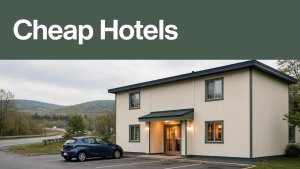 A budget hotel entrance near Lawrence with a parked car and green headline banner.