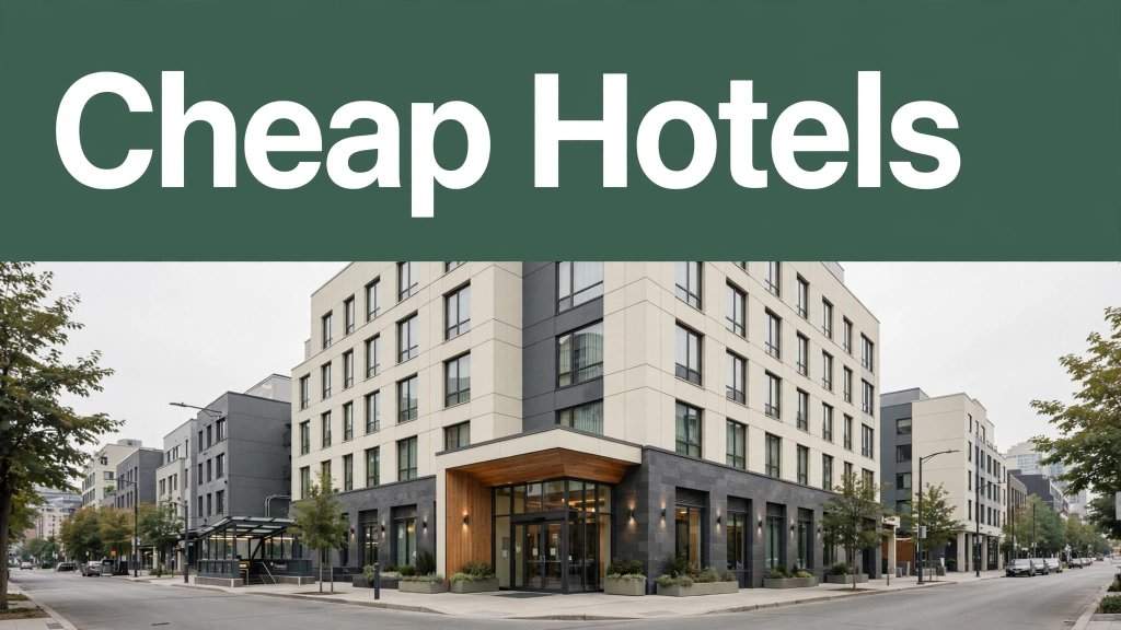 Modern hotel exterior near North York Centre with a green Cheap Hotels banner.