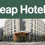 Modern hotel exterior near North York Centre with a green Cheap Hotels banner.