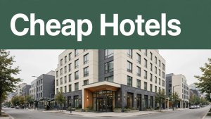 Modern hotel exterior near North York Centre with a green Cheap Hotels banner.