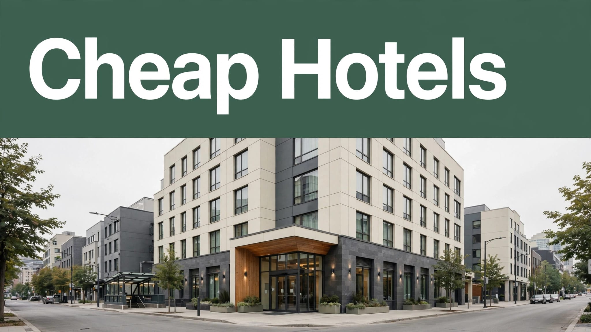 Modern hotel exterior near North York Centre with a green Cheap Hotels banner.