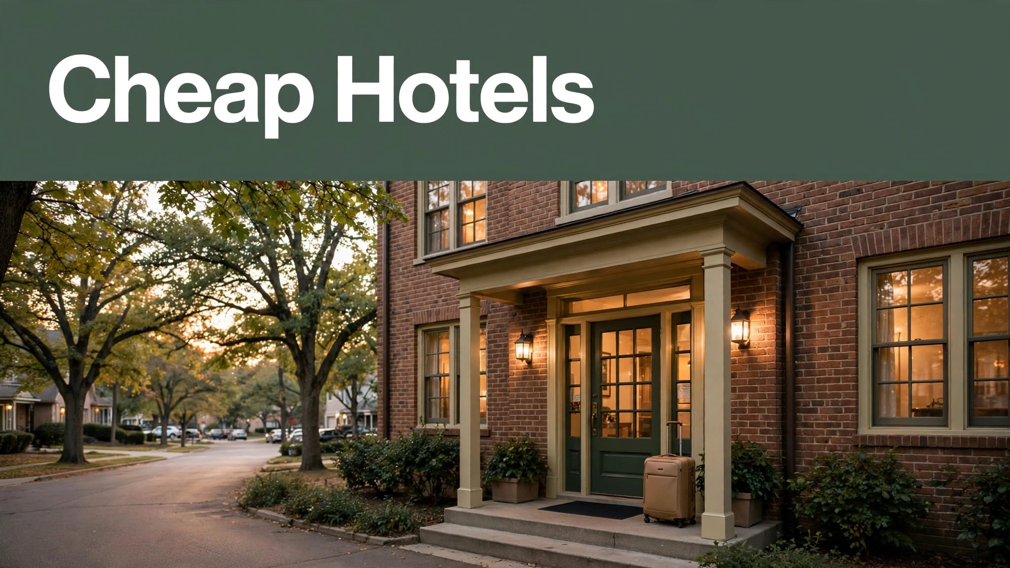 A welcoming hotel entrance with a suitcase outside on a tree-lined street.