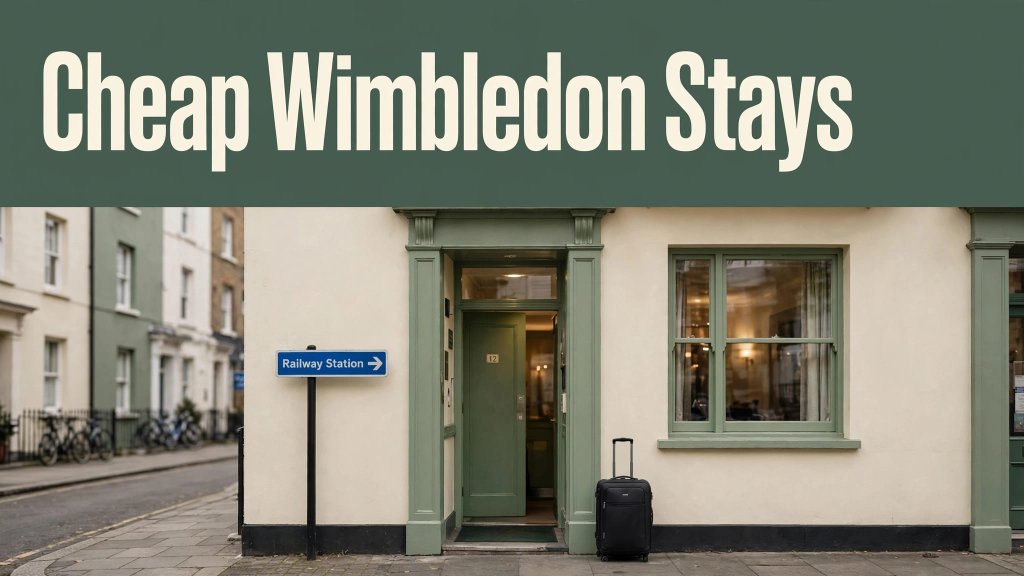 Budget hotel entrance with a suitcase and nearby railway sign.