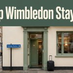 Budget hotel entrance with a suitcase and nearby railway sign.