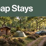 A cabin, tent, and car beside woodland in England’s New Forest.