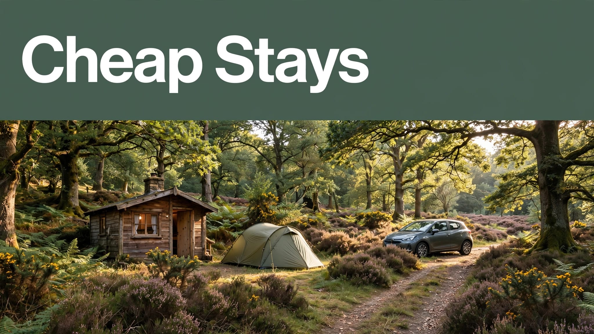 A cabin, tent, and car beside woodland in England’s New Forest.