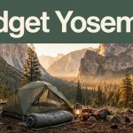 Tent and lantern at a Yosemite campsite beneath granite cliffs.