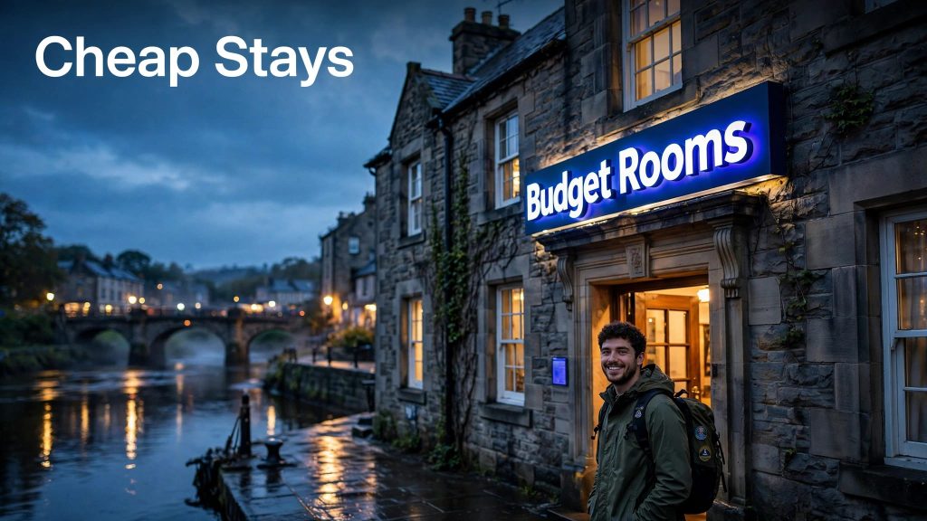 A traveler stands outside a riverside hotel at dusk.