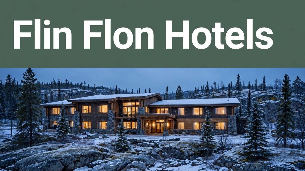A snowy Flin Flon hotel glowing warmly among evergreens at blue hour.