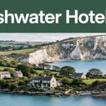 Freshwater Bay cliffs, turquoise sea, cottages, and a coastal guesthouse beneath a green headline band.
