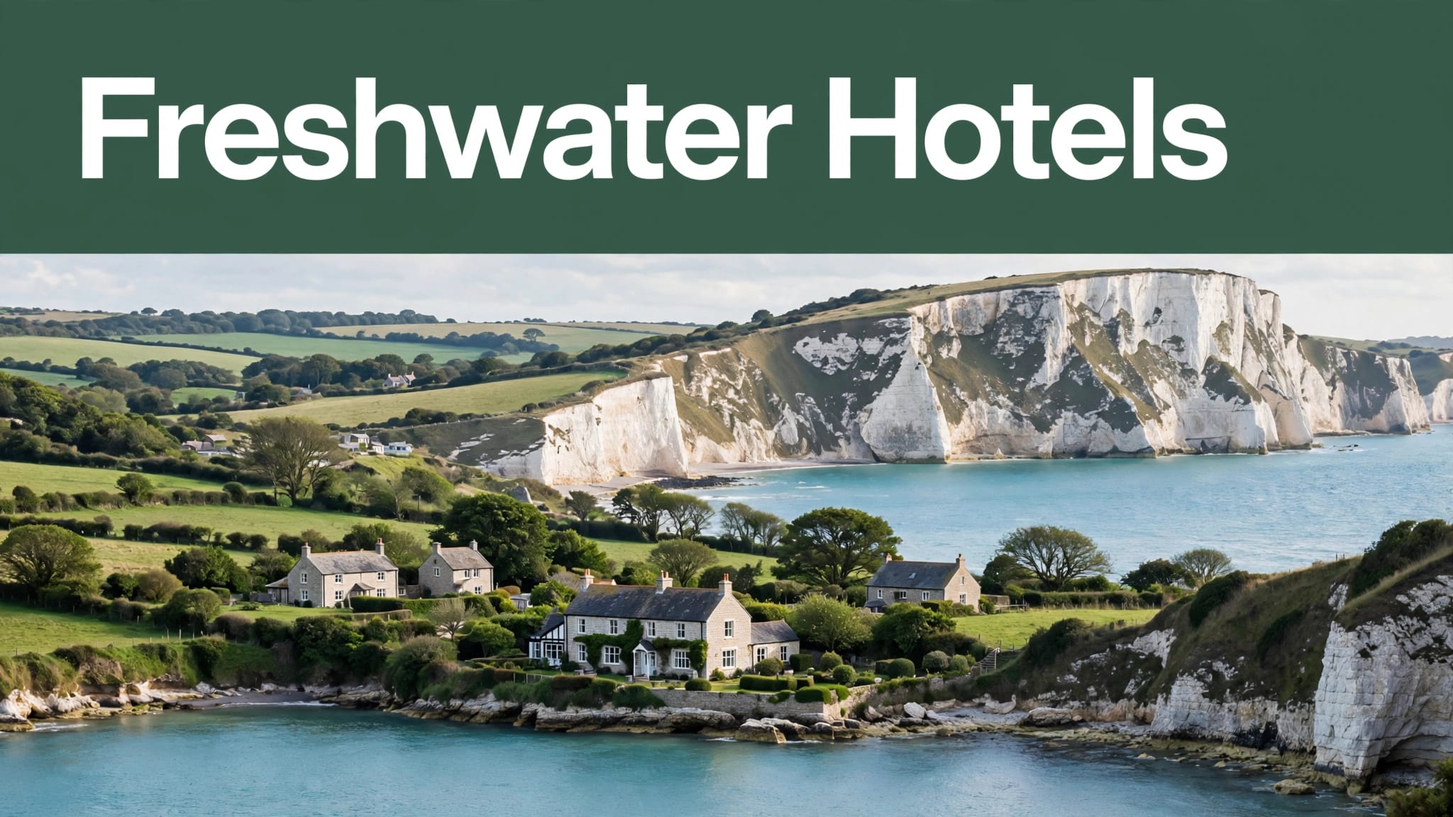 Freshwater Bay cliffs, turquoise sea, cottages, and a coastal guesthouse beneath a green headline band.