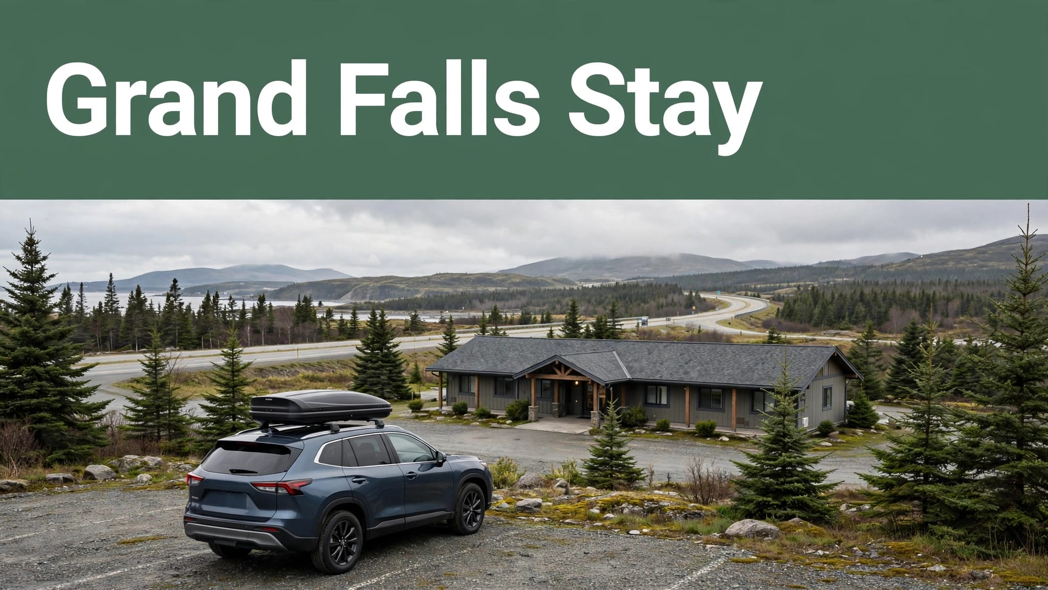 A roadside hotel viewed from a parking area with a car, evergreen trees, and open highway scenery.