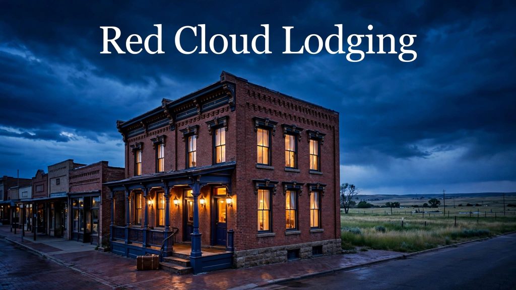 Historic Red Cloud lodging house with glowing windows, a suitcase, and prairie scenery at dusk.