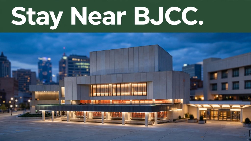 BJCC Concert Hall lit at blue hour with a nearby hotel entrance in the background.
