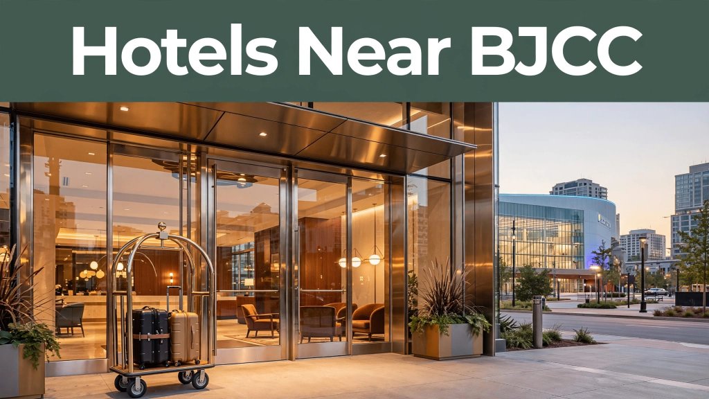 A downtown Birmingham hotel entrance with luggage and the BJCC visible behind it.