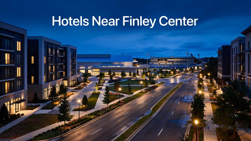 The Finley Center glowing beyond modern hotels and landscaped grounds at blue hour.