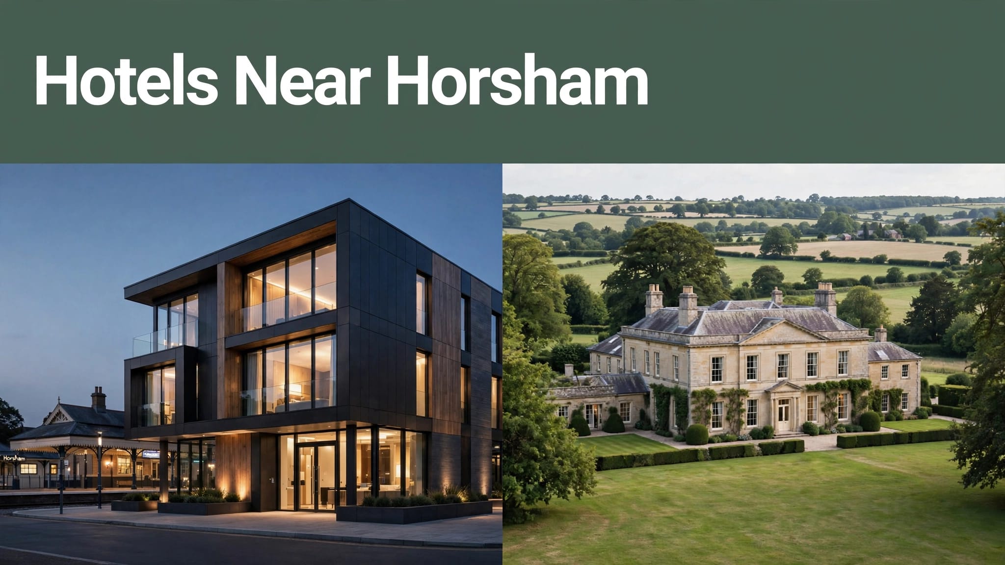 Two contrasting hotels near Horsham, including a town-centre property and a country-house retreat.