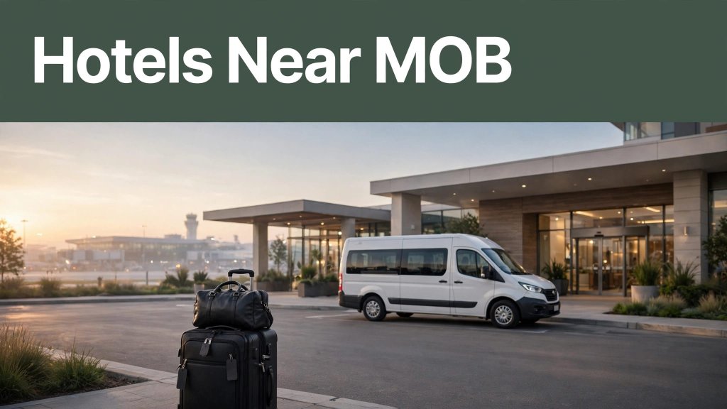 Packed suitcase beside a hotel shuttle at a modern airport hotel entrance at sunrise.