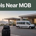 Packed suitcase beside a hotel shuttle at a modern airport hotel entrance at sunrise.
