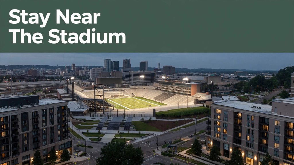 Birmingham’s illuminated Protective Stadium framed by nearby hotels at blue hour.