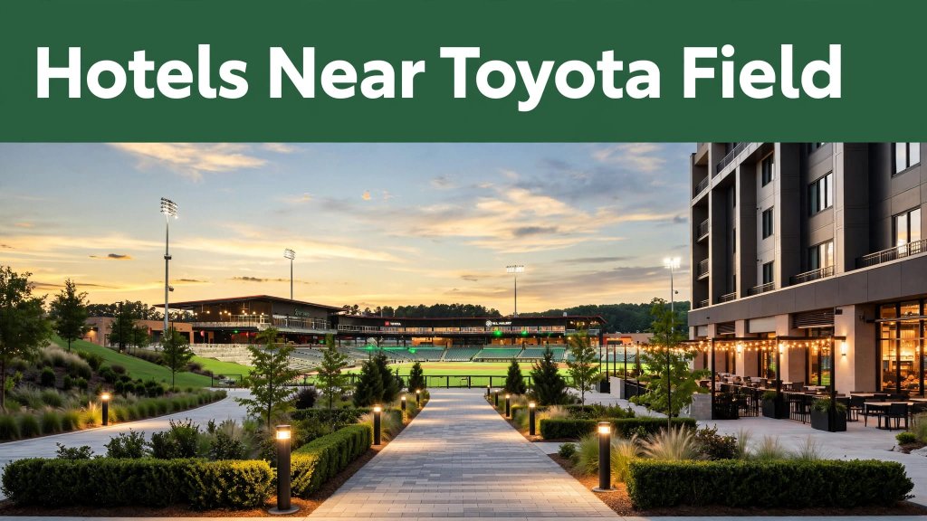 Toyota Field illuminated at sunset with nearby hotels and restaurants.
