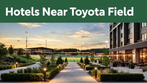 Toyota Field illuminated at sunset with nearby hotels and restaurants.