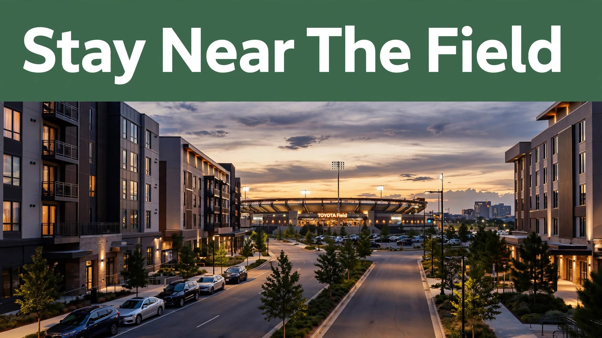 Toyota Field shines beyond nearby hotels at sunset under a green Stay Near The Field banner.