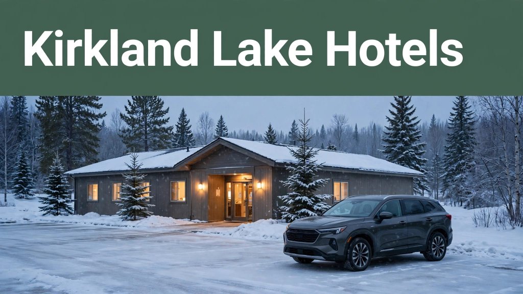 A roadside hotel glows beside a snowy parking area with evergreen trees and a travel vehicle.