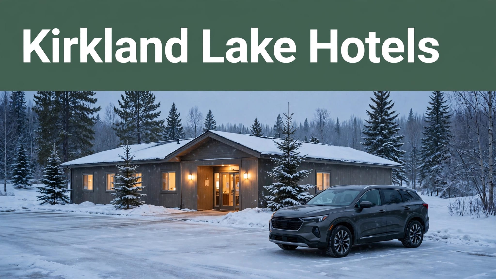 A roadside hotel glows beside a snowy parking area with evergreen trees and a travel vehicle.