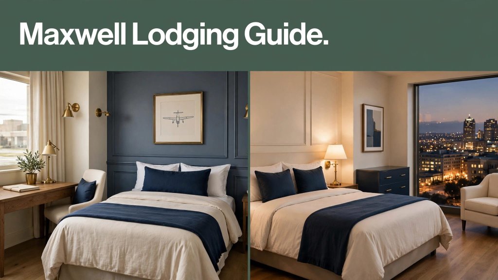 Split image showing an on-base room and a nearby Montgomery hotel room.