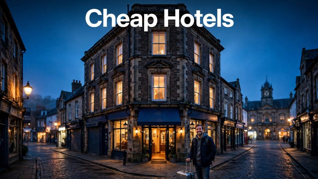 A traveler with a suitcase stands outside a warmly lit hotel in Barnsley at dusk.