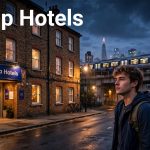 A traveler stands outside a cheap hotel as a train passes beneath a twilight London skyline.