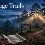 A misty forest trail with a wooden sign and open leather map at sunrise.